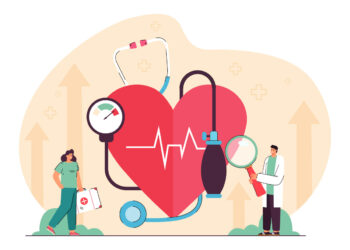 Large red cartoon heart and stethoscope with two doctors checking for the silent killer hypertension| HealthDiscovery.org