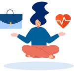 Sitting Woman with Briefcase and Heart Health Icon at Peace with Her Work-Life Balance | Corporate Synergies