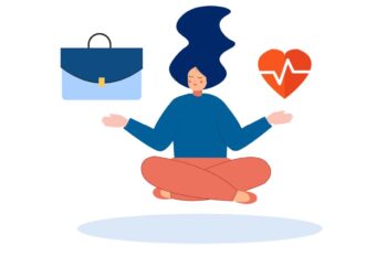 Sitting Woman with Briefcase and Heart Health Icon at Peace with Her Work-Life Balance | Corporate Synergies