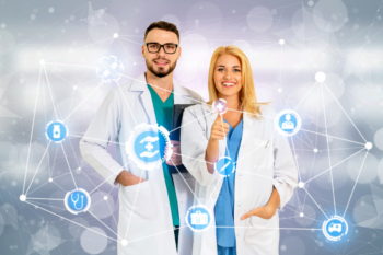 In-network and out-of-network doctors with digital medical icons graphic | Corporate Synergies