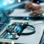 Graph and data on laptop screen with stethoscope showing how technology improves healthcare | Corporate