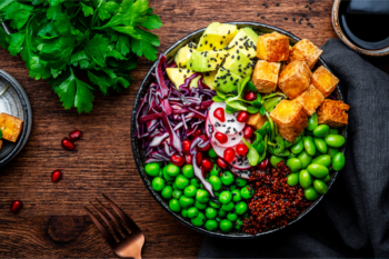 Vegan bowl for balanced diet with tofu, quinoa, vegetables & legumes is a nutrition trend | Corporate Synergies