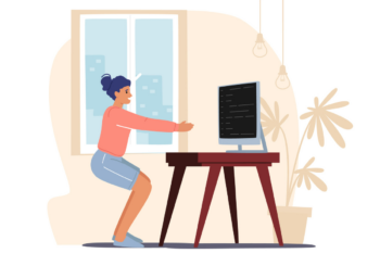 Illustration of woman doing squats in home office | Corporate Synergies