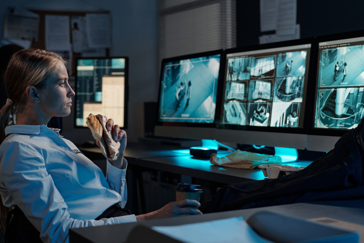 Night shift worker watching CCTV eating good nutritional snack | Corporate Synergies