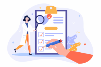 Female doctor holding magnifying glass over workplace health quiz on a clipboard | Corporate Synergies