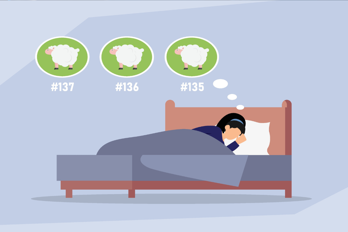 adult woman counting sheep in bed for sleep health before work | Corporate Synergies