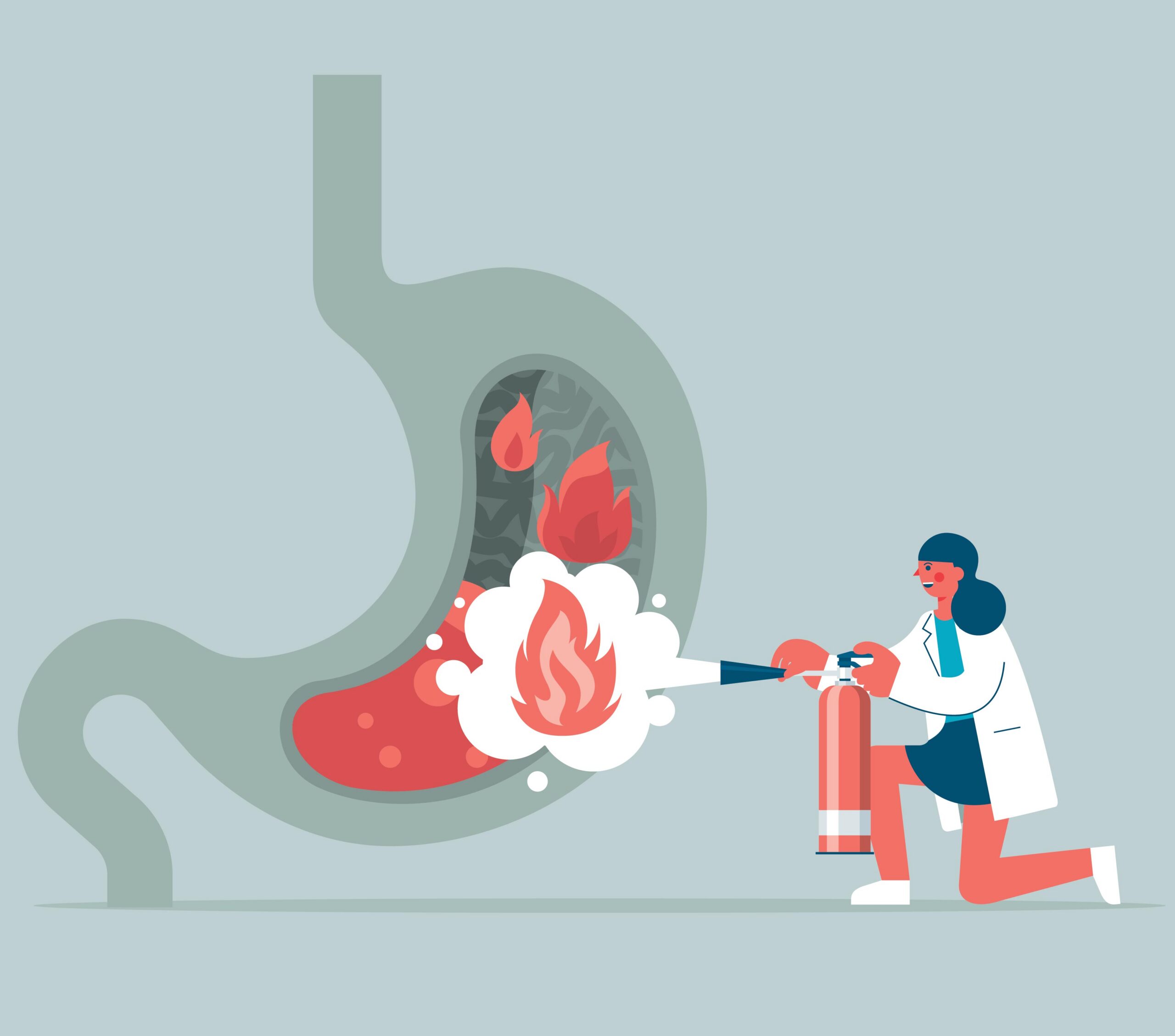 Female doctor extinguishing heartburn in the stomach illustration | Corporate Synergies